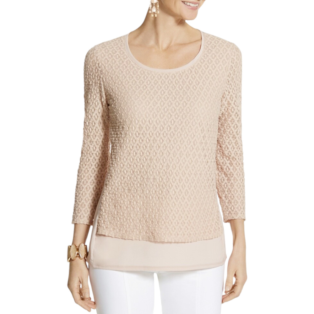 Chico's Lily 3/4 Sleeve Lace Overlay Scoop Neck Top, Blush Pink, Sz L, Chico's 2